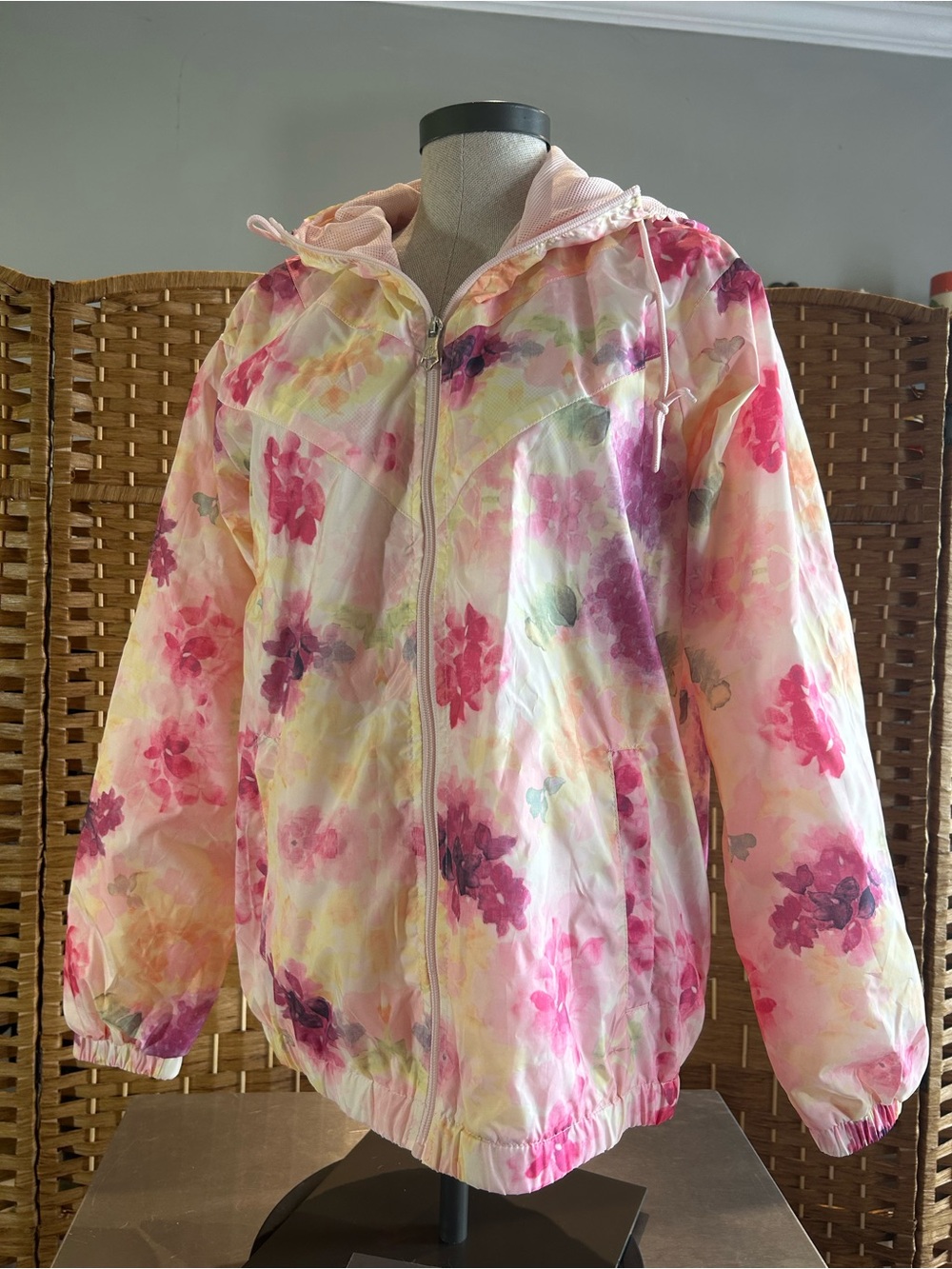 Nanette Lepore Floral Watercolor Hooded Windbreaker Jacket Pink Zip Front Small